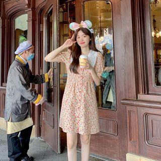 Short-sleeve Flower Print Mini Collared Dress Strawberry Red - One Size