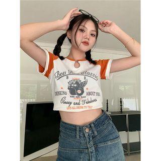 Retro Color Block Short-sleeve Round-neck Top
