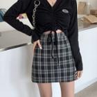 Plaid Mini Skirt / Long-sleeve Crinkled Top