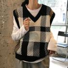 Crew-neck Long-sleeve T-shirt / Plaid Knitted Vest / Plain Straight-cut Pants