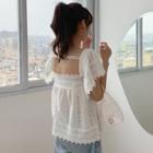 Square-neck Short-sleeve Open Back Eyelet-lace Blouse As Shown In Figure - One Size