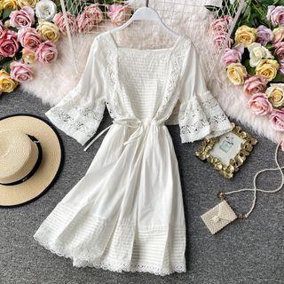 Tie-waist Square-neck Lace-trim A-line Dress White - One Size