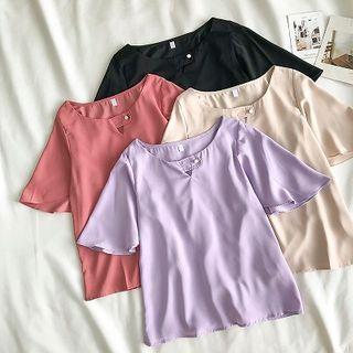 Plain Crewneck Flare-sleeve Chiffon Blouse