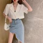 Short-sleeve Cropped Blazer / Irregular Denim Mini Pencil Skirt