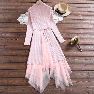 Set: Long-sleeve Midi Knit Dress + Midi Mesh Skirt