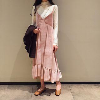 Set: Turtleneck Long-sleeve T-shirt + Ruffle Hem Midi Spaghetti Strap Dress