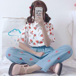 Fruit Print Jeans / Elbow-sleeve Shirt