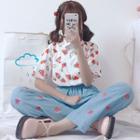 Fruit Print Jeans / Elbow-sleeve Shirt