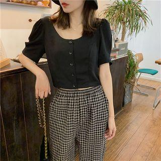 Short-sleeve Plain Button Top / Plaid Pants