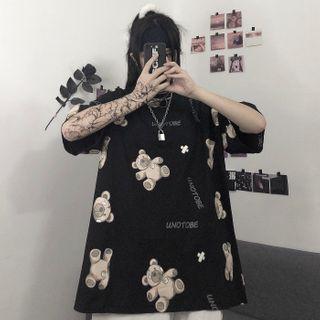 Short Sleeve Bear Printed Oversized T-shirt
