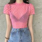 Heart Printed See-through Short-sleeve Slim-fit Top Pink - One Size