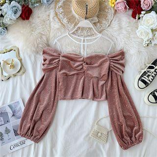 Long-sleeve Paneled Beaded Velvet Top