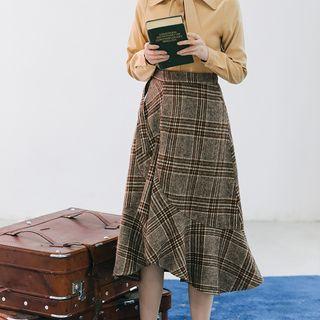 Ruffle Hem Plaid Midi A-line Wrap Skirt Khaki - One Size