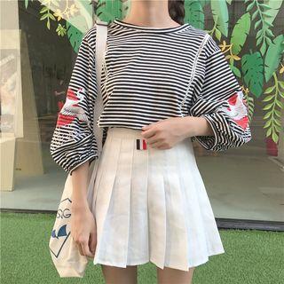 Crane Print Striped 3/4 Sleeve T-shirt