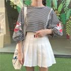 Crane Print Striped 3/4 Sleeve T-shirt