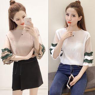 Mesh Panel Bell-sleeve Chiffon Top