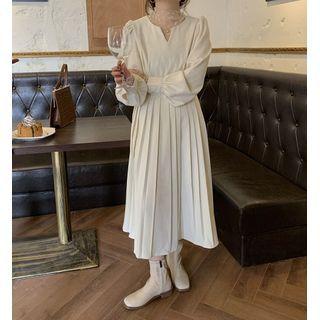 Long-sleeve Midi A-line Dress / Mock-neck Mesh Top
