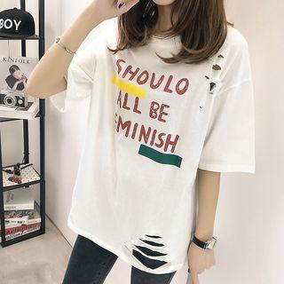 Elbow-sleeve Ripped Letter T-shirt