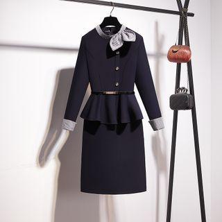 Gingham Panel Long-sleeve Sheath Dress