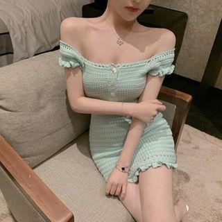 Off-shoulder Cap-sleeve Mini Sheath Knit Dress