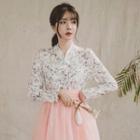 Set: Hanbok Top (floral / Ivory) + Skirt (midi / Peach)
