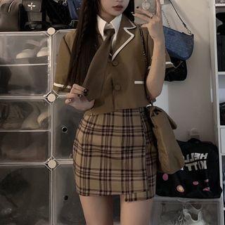 Short-sleeve Plain Shirt / Tie / Contrast Trim Blazer / Plaid Mini Pencil Skirt / Set
