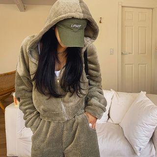 Cropped Faux-fur Zip-up Hoodie