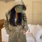 Cropped Faux-fur Zip-up Hoodie