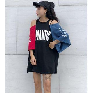 Color Block Cold Shoulder 3/4-sleeve Long T-shirt