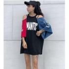 Color Block Cold Shoulder 3/4-sleeve Long T-shirt
