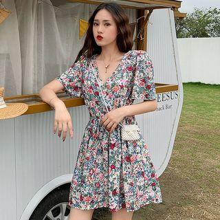 Wrap-front Floral Mini Dress Ivory - One Size