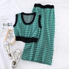 Set: Knit Top + High-waist Midi Skirt Green - One Size