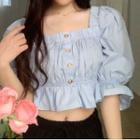 Puff-sleeve Cropped Top Blue - One Size