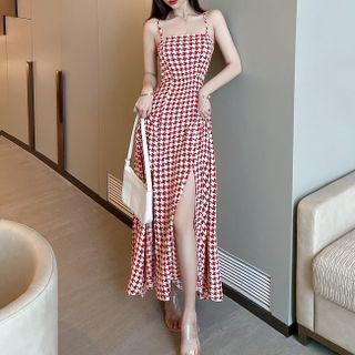 Strappy Houndstooth Midi Sheath Dress