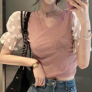 Puff-sleeve Dotted V-neck Chiffon Crop Top Pink - One Size