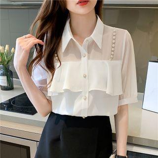 Short-sleeve Beaded Ruffle Blouse