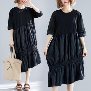 Short-sleeve Shirred A-line Dress Black - One Size