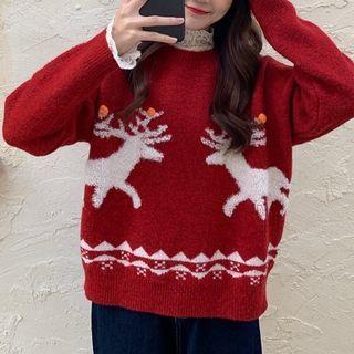 Christmas Themed Sweater / Long-sleeve Mock-neck Lace Top