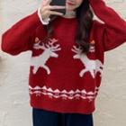 Christmas Themed Sweater / Long-sleeve Mock-neck Lace Top
