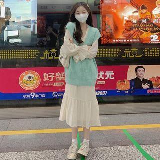 Plain Sweater Vest / Long-sleeve Dress / Set