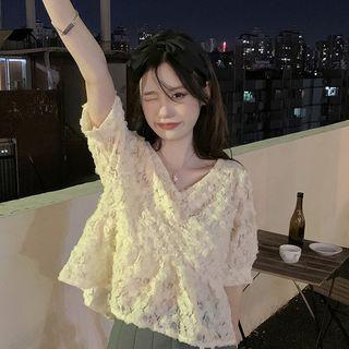 Short-sleeve V-neck Lace Cut-out Top Almond - One Size