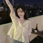 Short-sleeve V-neck Lace Cut-out Top Almond - One Size