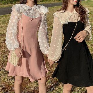 Set: Dot Applique Lace Trim Blouse + Spaghetti Strap Pinafore Dress