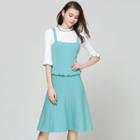 Set: Elbow-sleeve Frill Trim Knit Top + Overall Dress