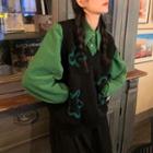 Long-sleeve Plain Shirt / V-neck Flower Print Knit Vest