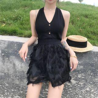 V-neck Tank Top / Fringed Trim Skort