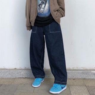 High-waist Stitched Straight-cut Jeans