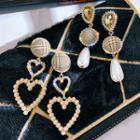 Plaid Button Faux Pearl / Heart Dangle Earring