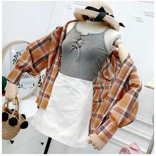 Set: Lace-up Camisole Top + High Waist A-line Skirt + Plaid Shirt