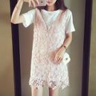 Set: Short-sleeve Long T-shirt + Sleeveless Lace Dress